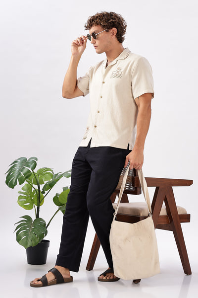 Atlantic Beige Muntjac Box Fit Embroidery Shirt