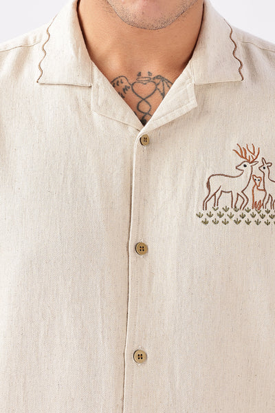 Atlantic Beige Muntjac Box Fit Embroidery Shirt