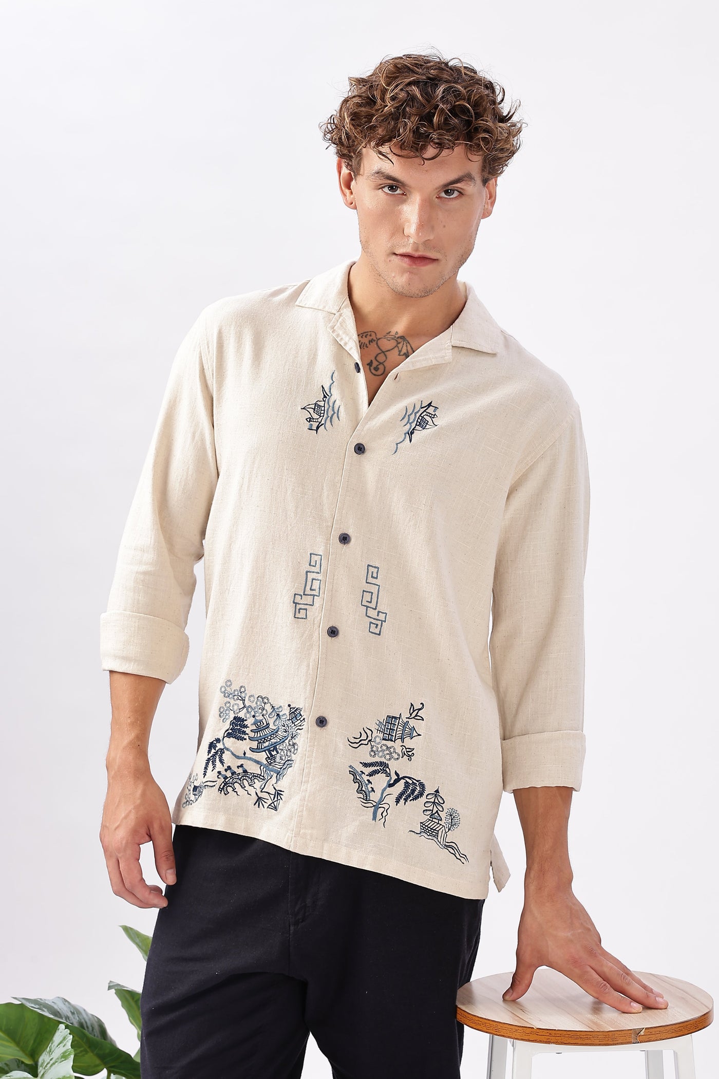 Eastern Wind Cotton Linen Landscape Embroidery Shirt