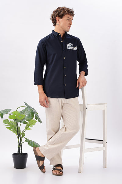 The 'Turtle Cove' Wave Blue Embroidery Shirt