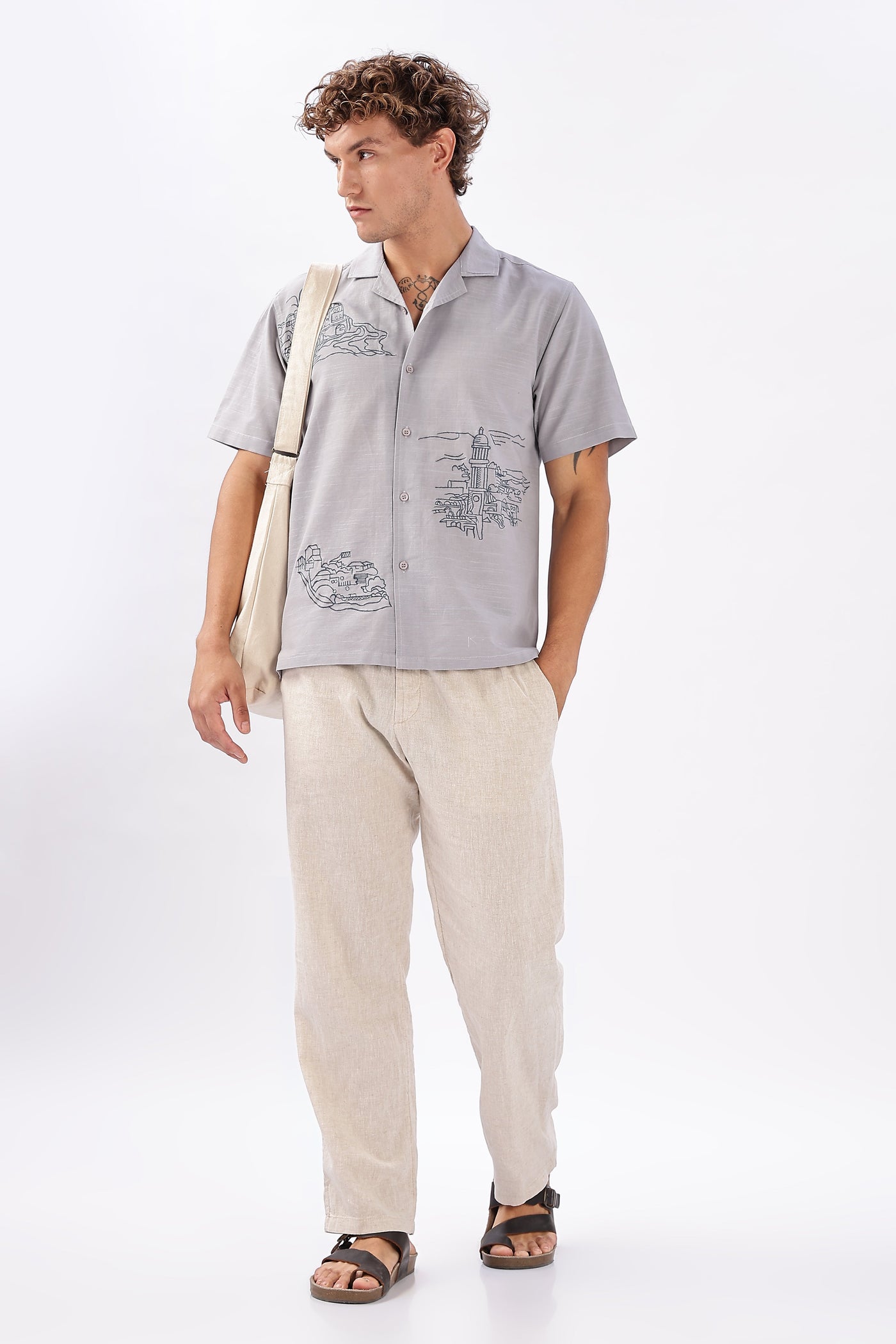 Skyline of Lisboa Cuban Collar Embroidery Shirt