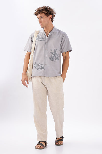 Skyline of Lisboa Cuban Collar Embroidery Shirt