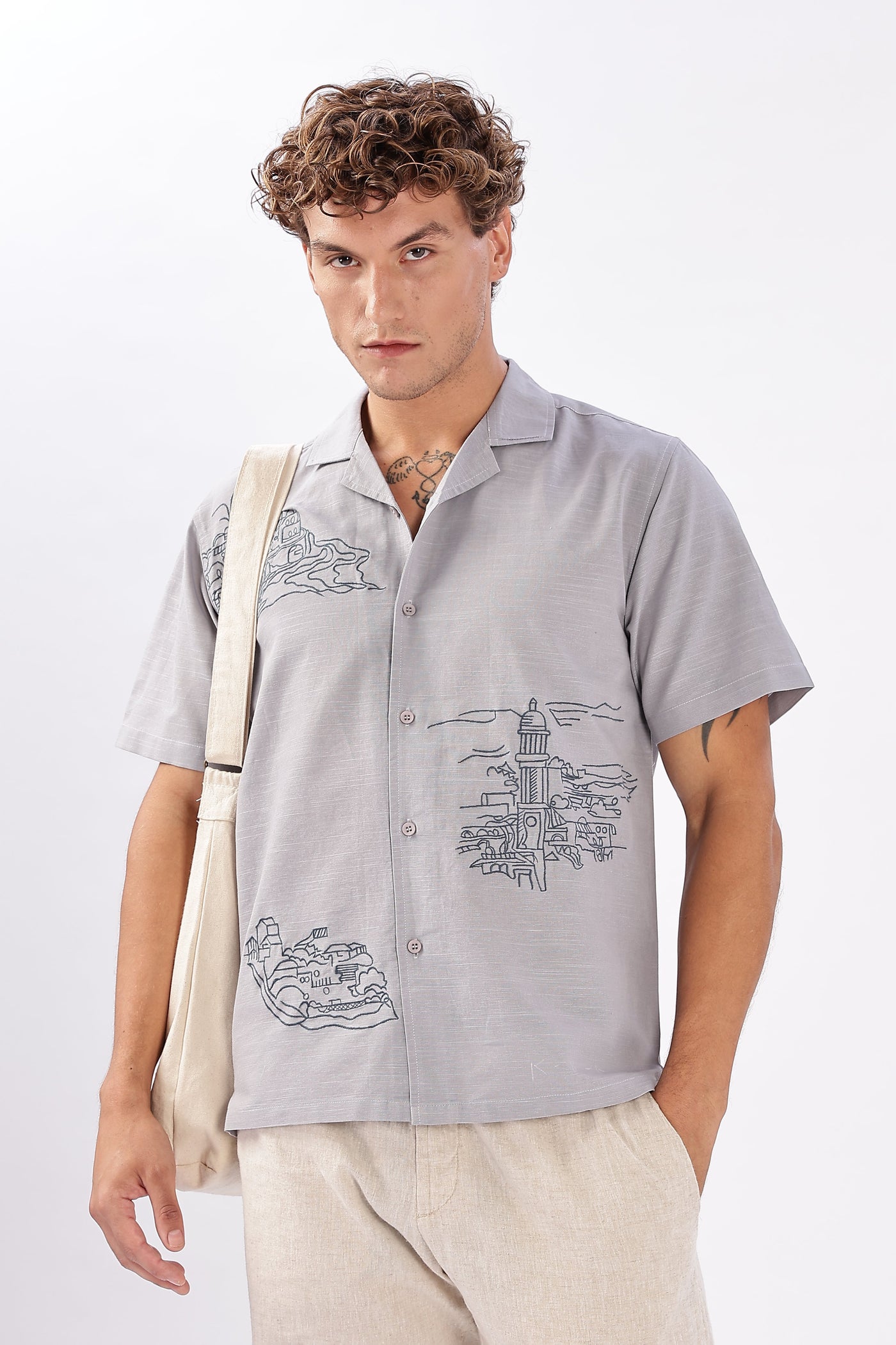 Skyline of Lisboa Cuban Collar Embroidery Shirt