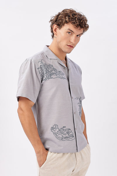 Skyline of Lisboa Cuban Collar Embroidery Shirt