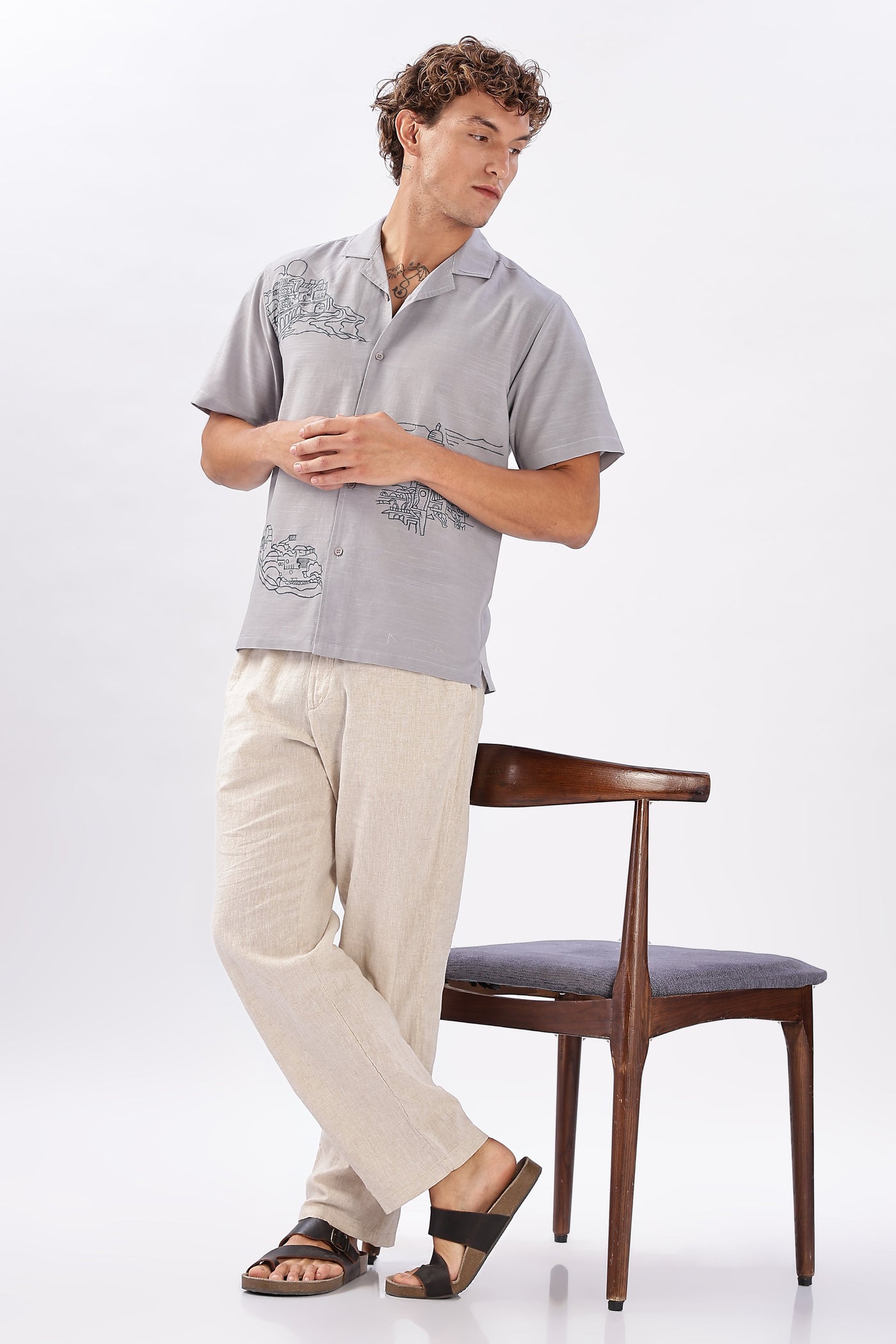 Skyline of Lisboa Cuban Collar Embroidery Shirt