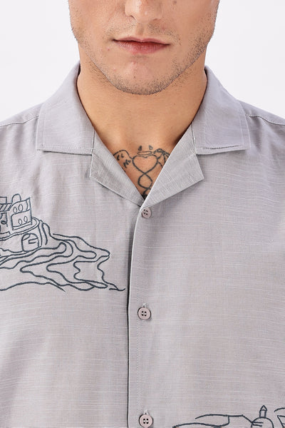Skyline of Lisboa Cuban Collar Embroidery Shirt
