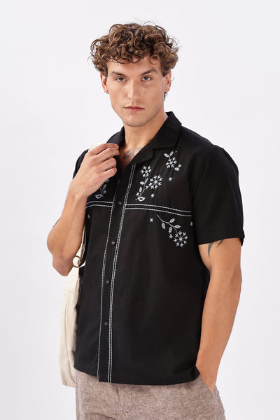 Lugo Black Embroidered Cuban Collar Shirt