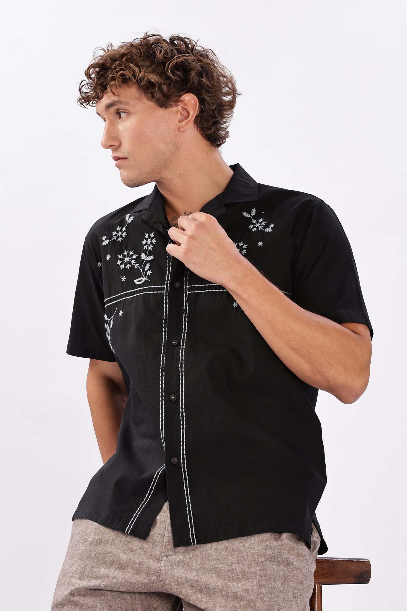 Lugo Black Embroidered Cuban Collar Shirt