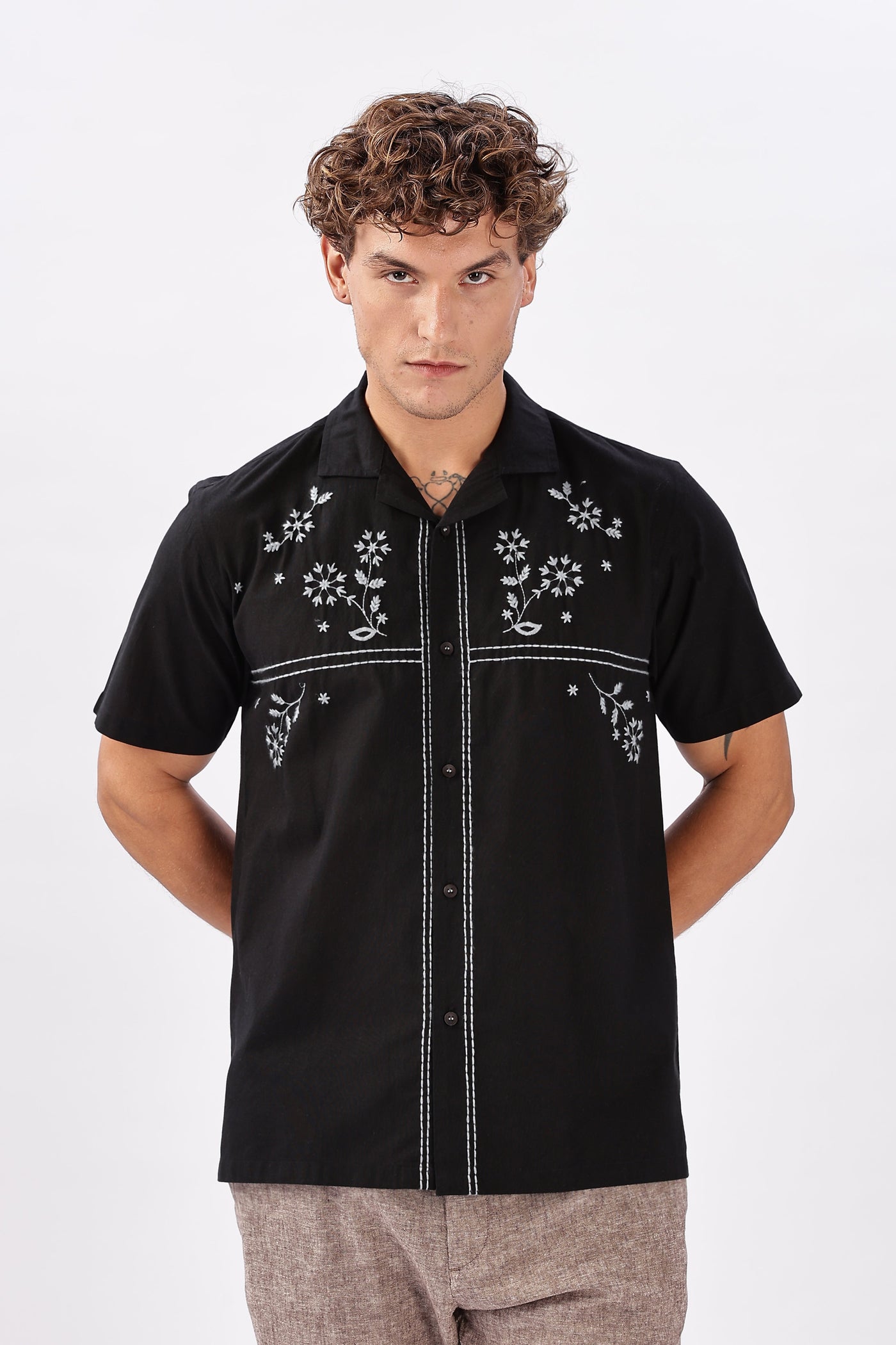 Lugo Black Embroidered Cuban Collar Shirt