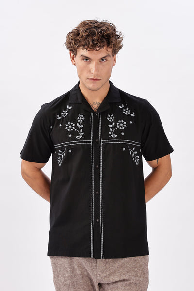 Lugo Black Embroidered Cuban Collar Shirt