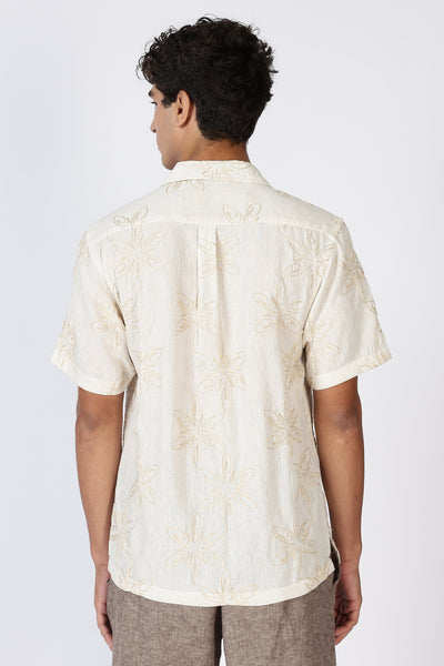 Floral Embossed Embroidery Cuban Collar Shirt