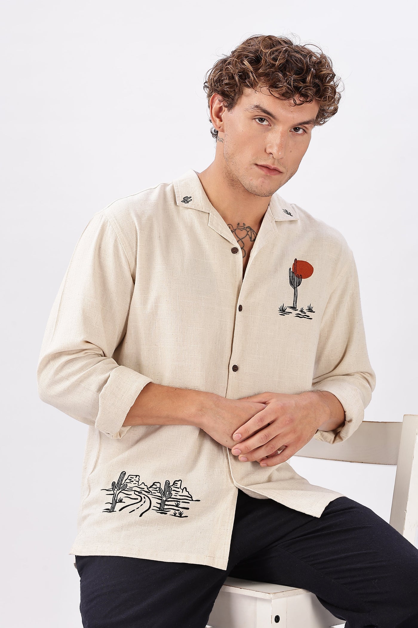 Costa Biege Sahara Box Fit Embroidery Shirt