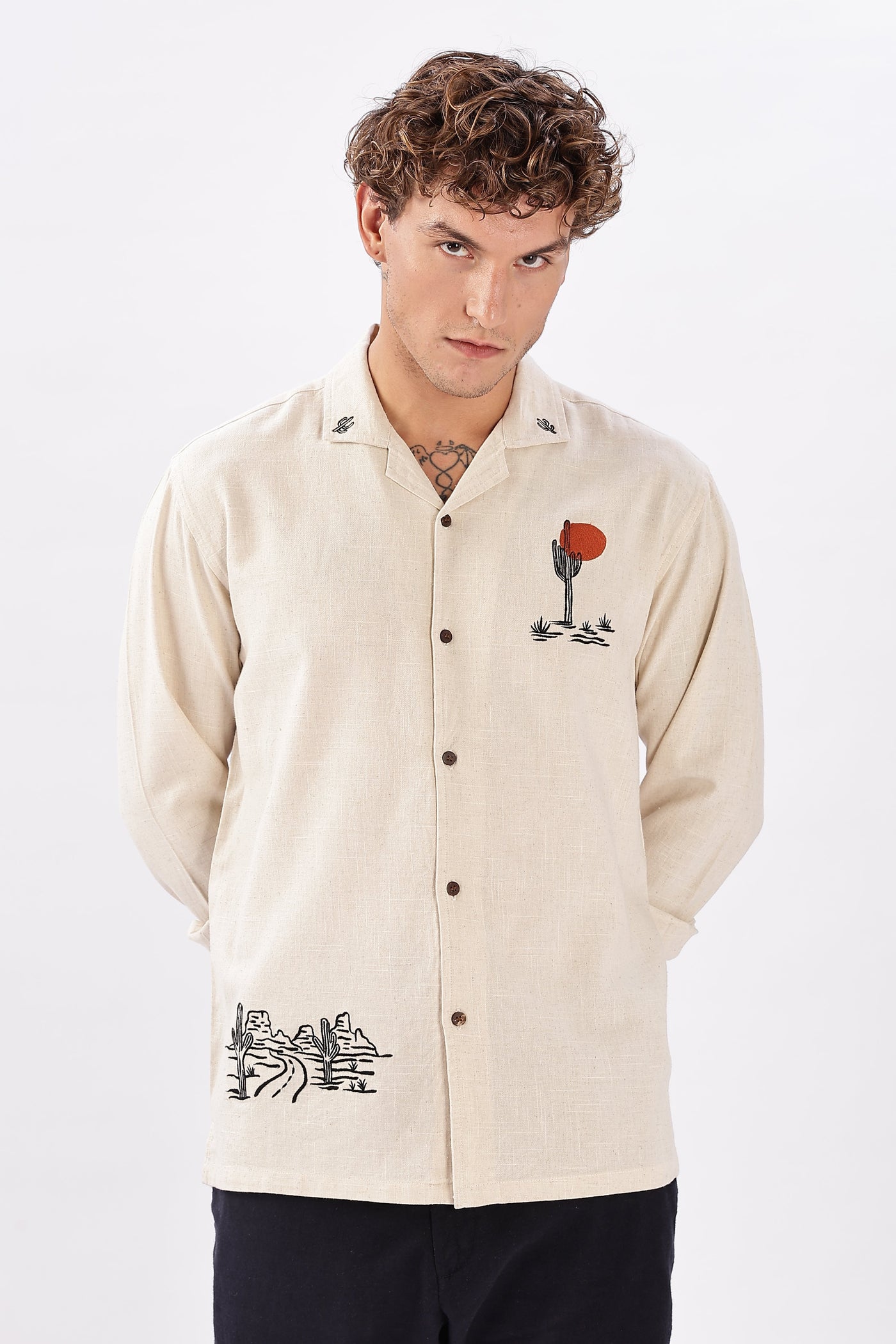 Costa Biege Sahara Box Fit Embroidery Shirt