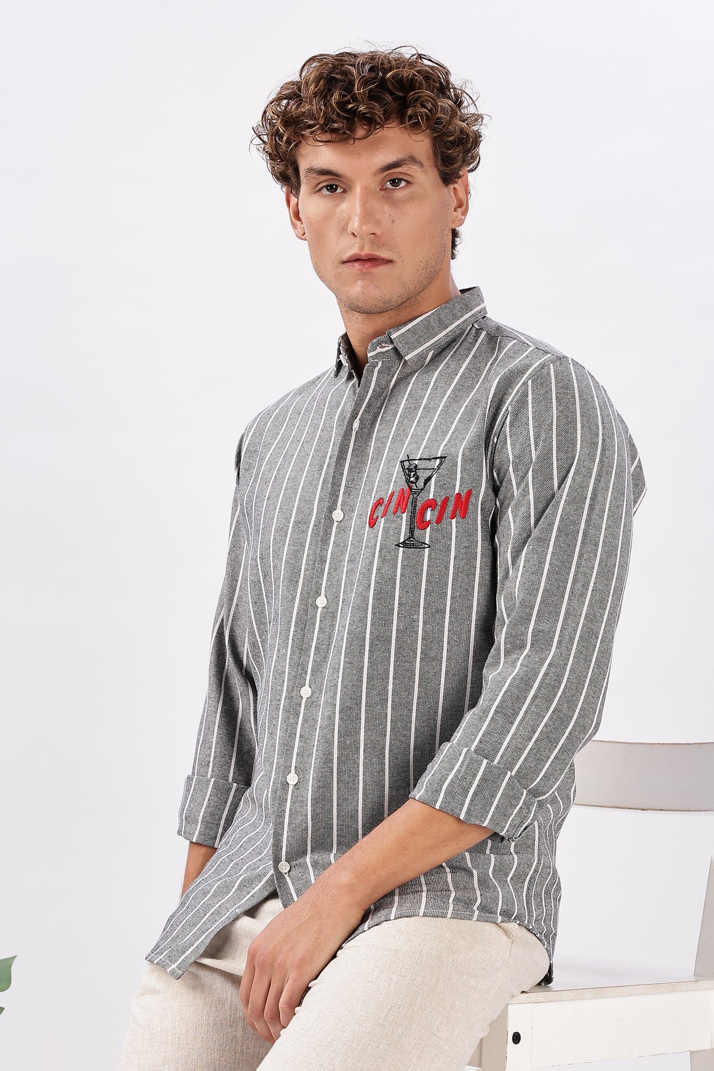 Cin-Cin Nights Embroidered Grey Stripe Shirt