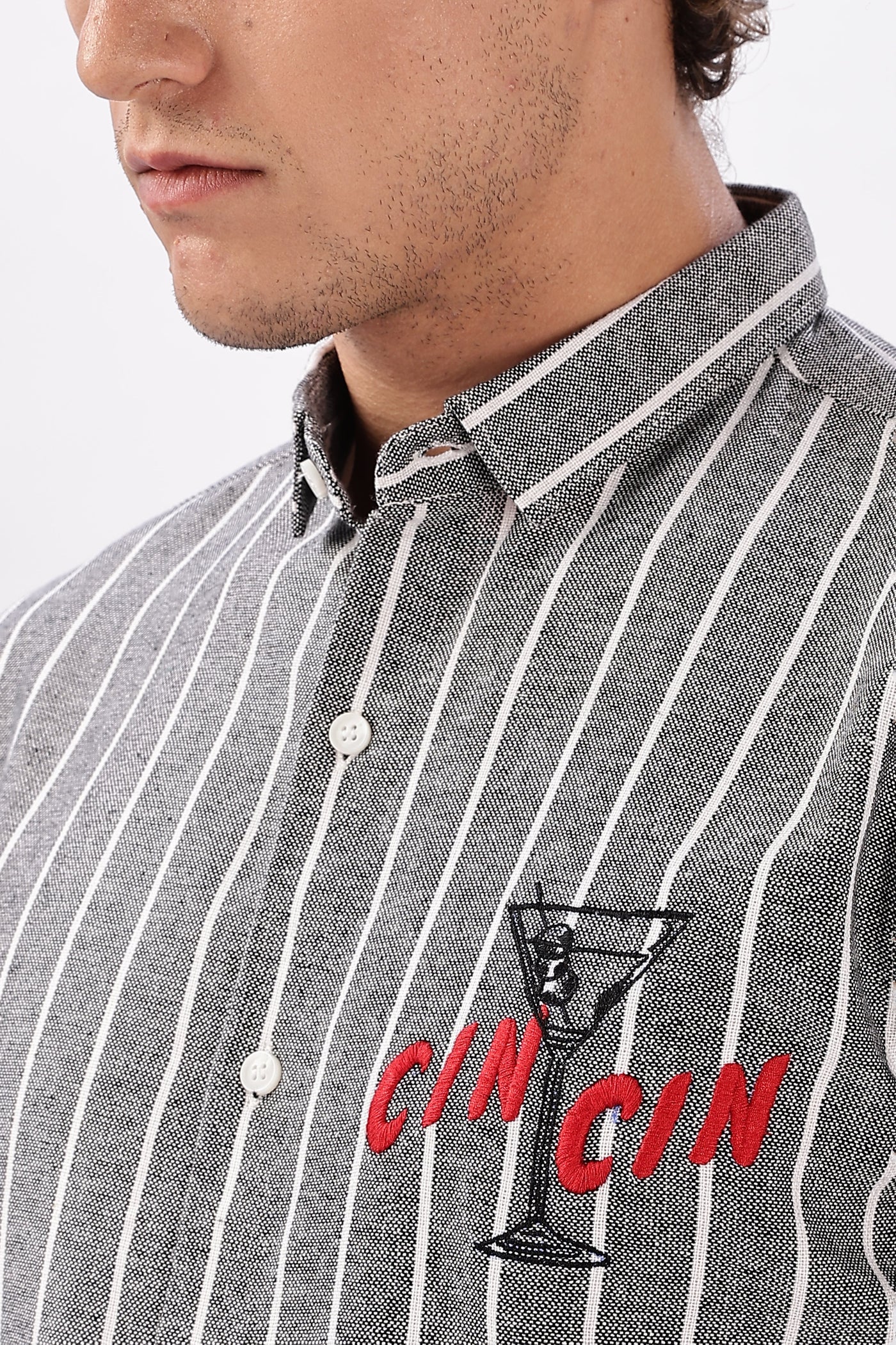 Cin-Cin Nights Embroidered Grey Stripe Shirt