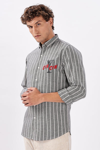 Cin-Cin Nights Embroidered Grey Stripe Shirt