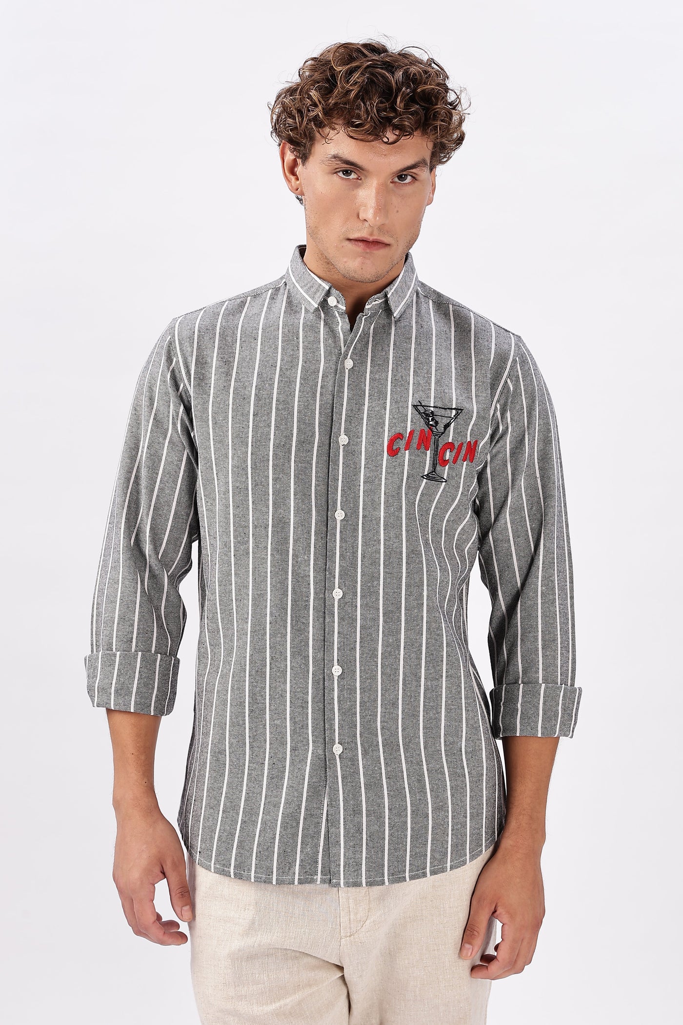 Cin-Cin Nights Embroidered Grey Stripe Shirt
