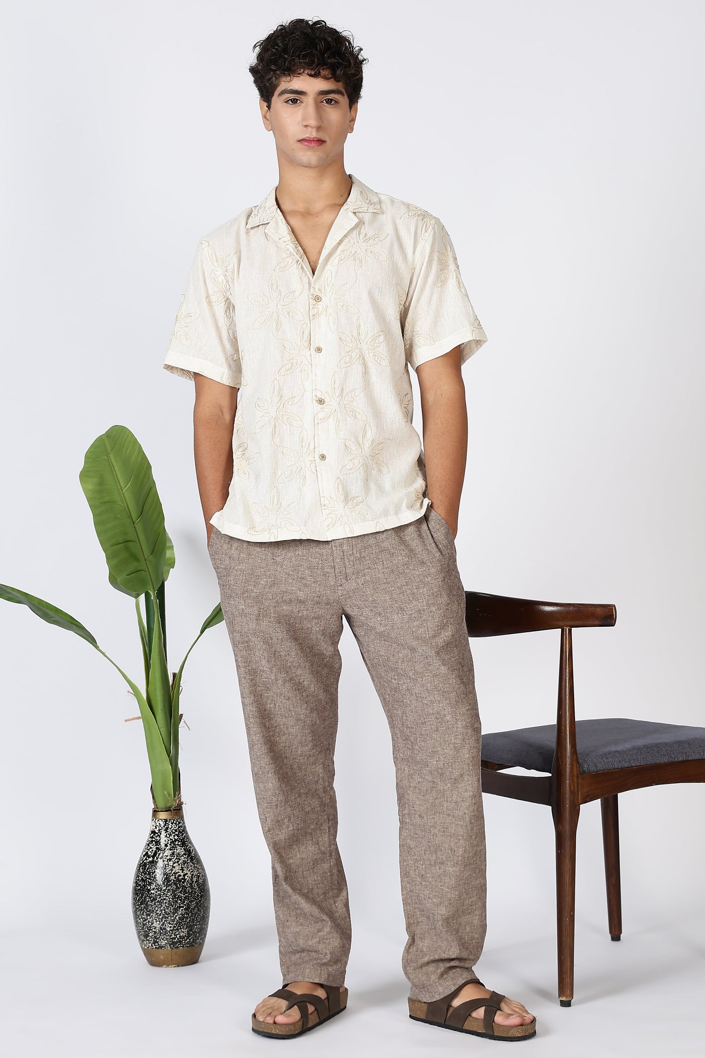 Floral Embossed Embroidery Cuban Collar Shirt