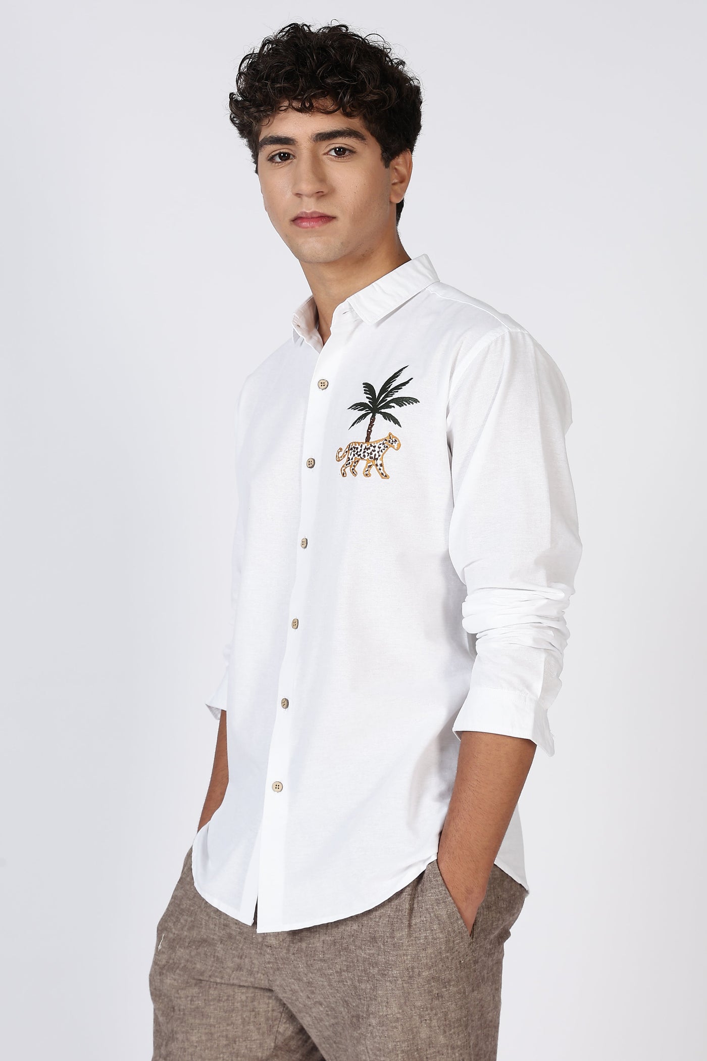 Mountains Vs Beaches 100% Cotton White Embroidery Shirt
