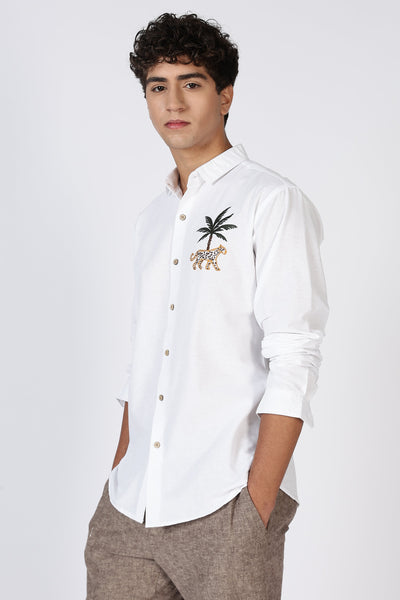 Mountains Vs Beaches 100% Cotton White Embroidery Shirt