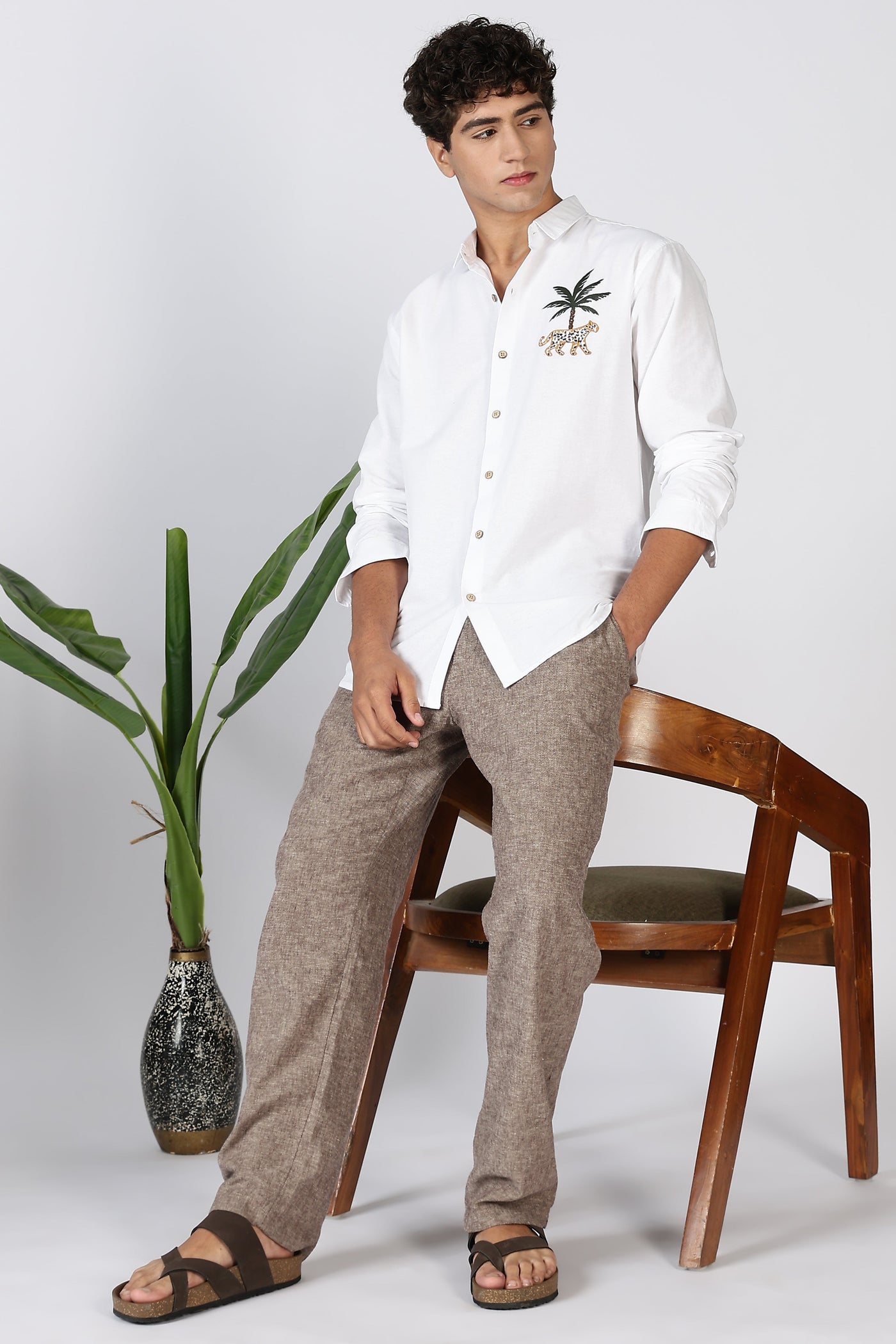 Mountains Vs Beaches 100% Cotton White Embroidery Shirt