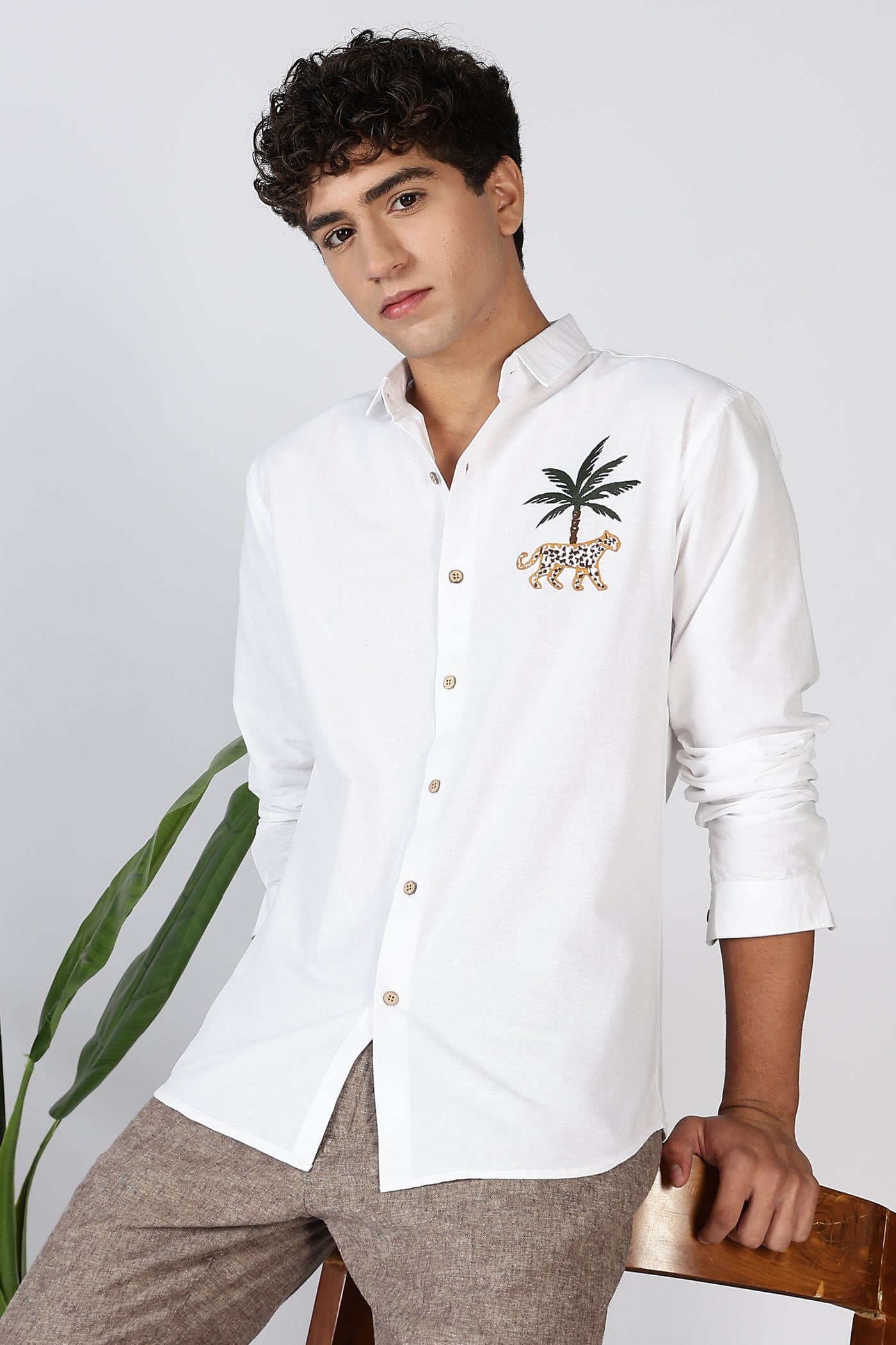 Mountains Vs Beaches 100% Cotton White Embroidery Shirt