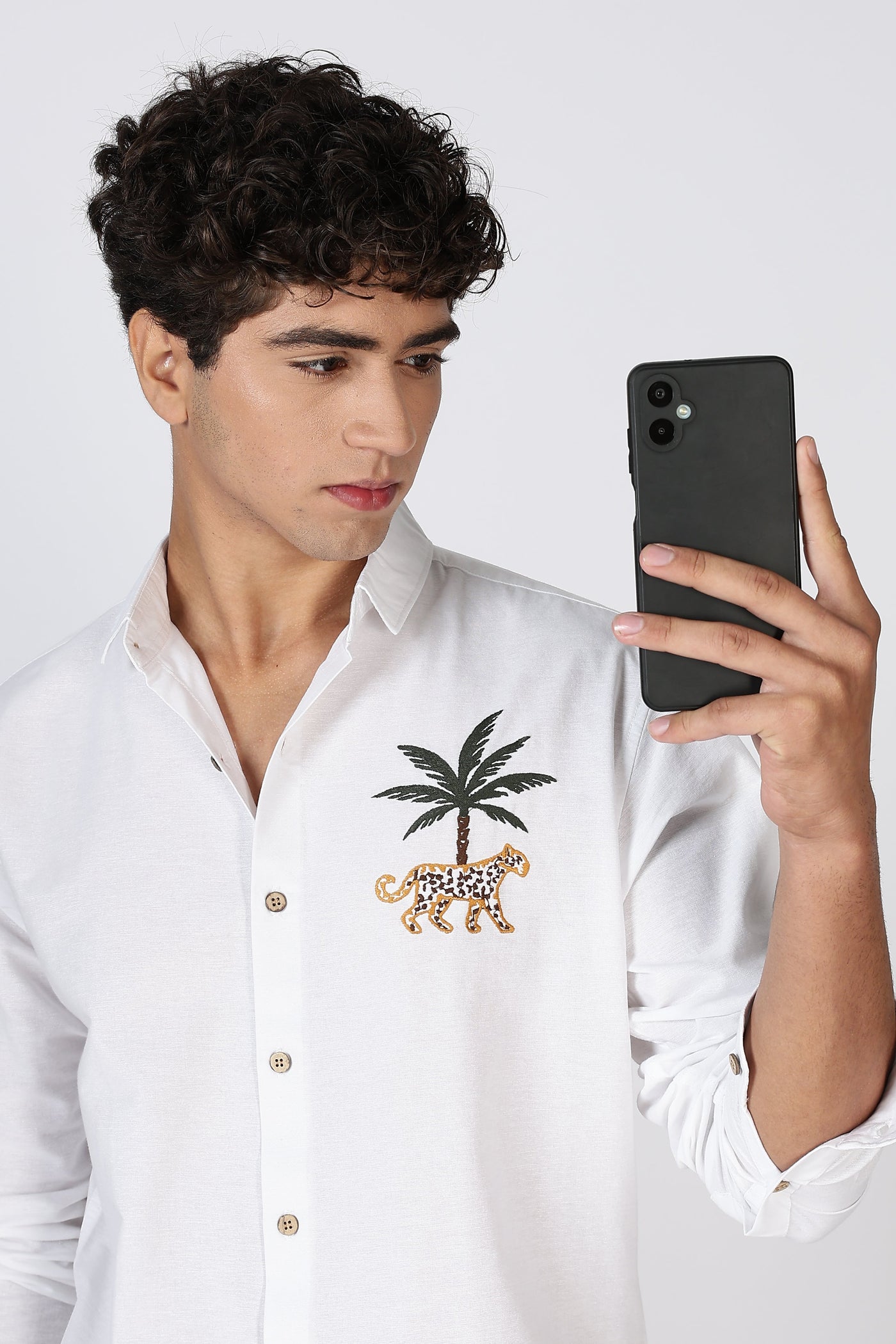 Mountains Vs Beaches 100% Cotton White Embroidery Shirt