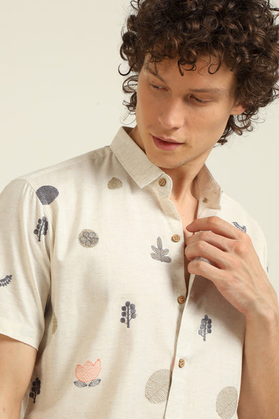 All over Embroidery Half-Sleeve Beige shirt