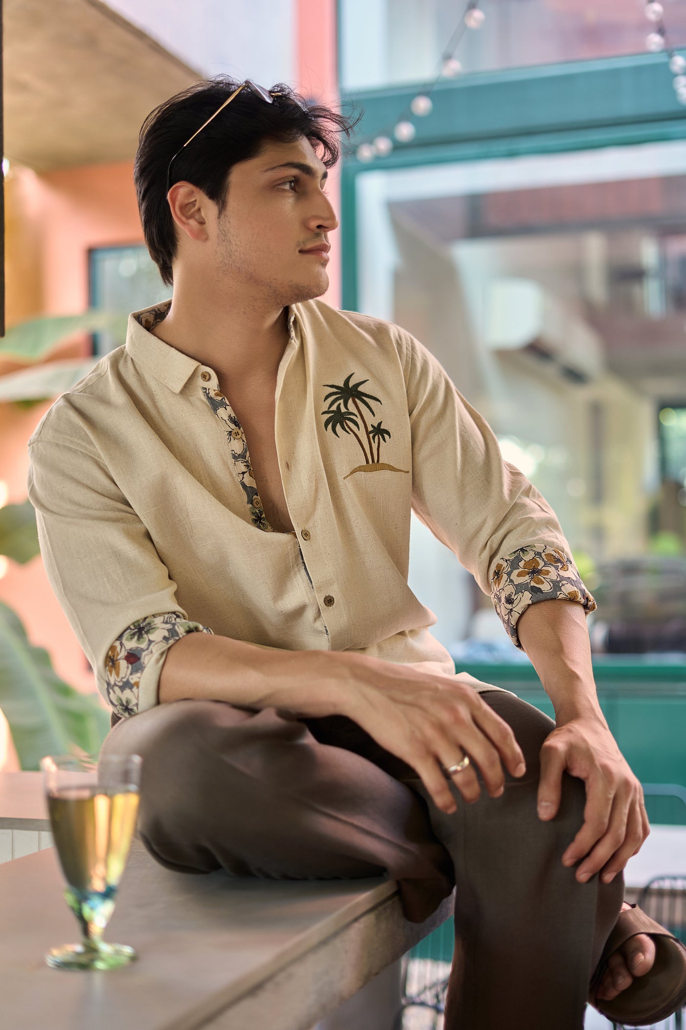 Caribbean Beige Palm Tree Embroidery Shirt