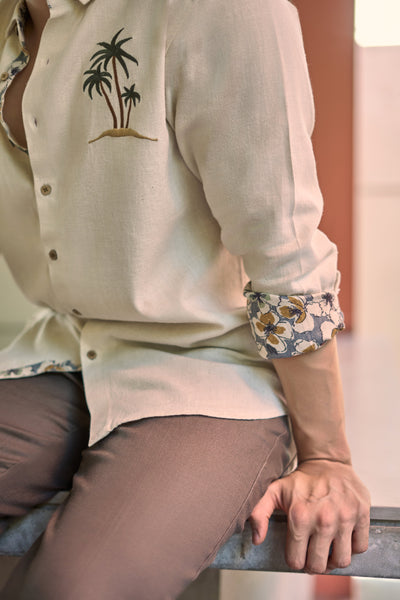 Caribbean Beige Palm Tree Embroidery Shirt