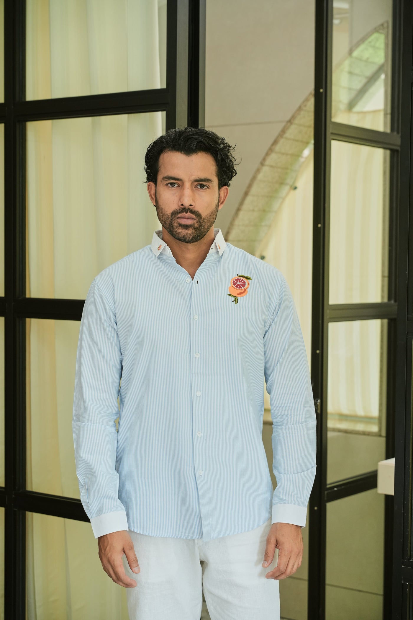 Citrus Bloom Striped Embroidery Shirt