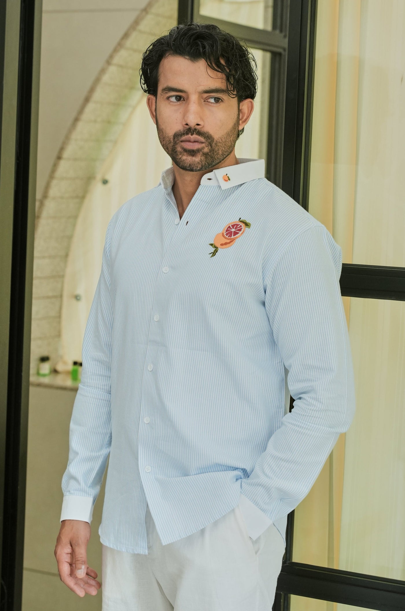 Citrus Bloom Striped Embroidery Shirt