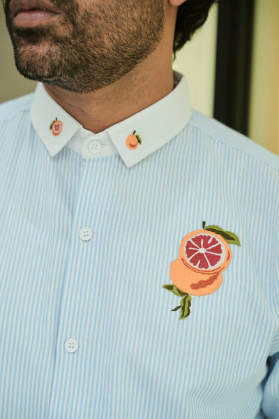 Citrus Bloom Striped Embroidery Shirt