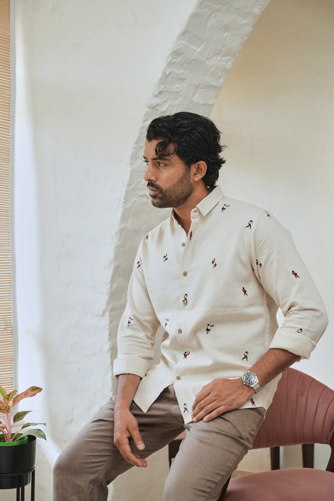 Game Time Playful Beige Embroidered Shirt