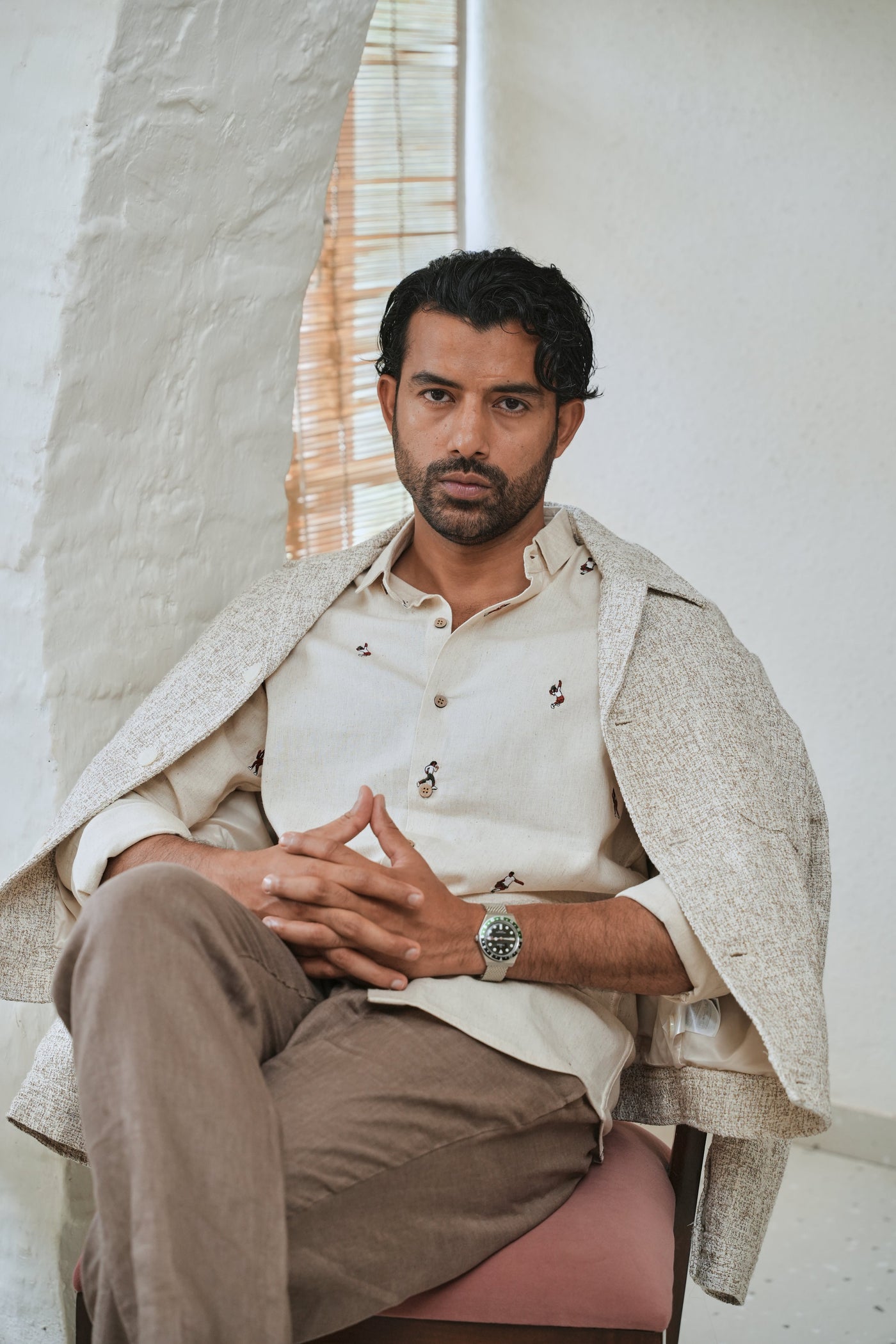 Game Time Playful Beige Embroidered Shirt