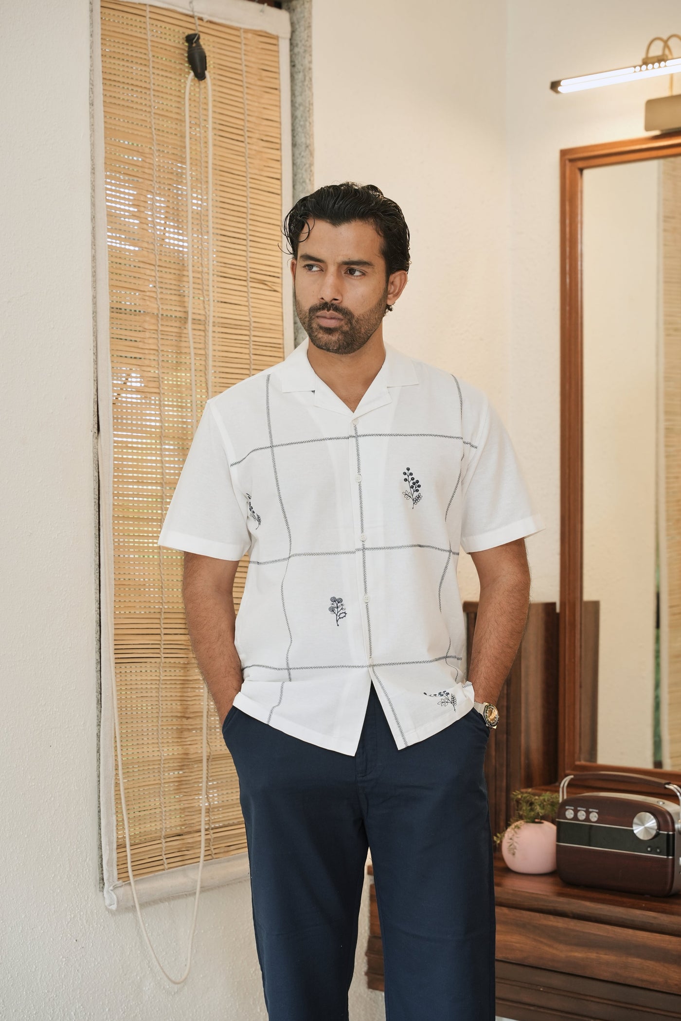 Coastal Grid Embroidered Cuban  White Shirt