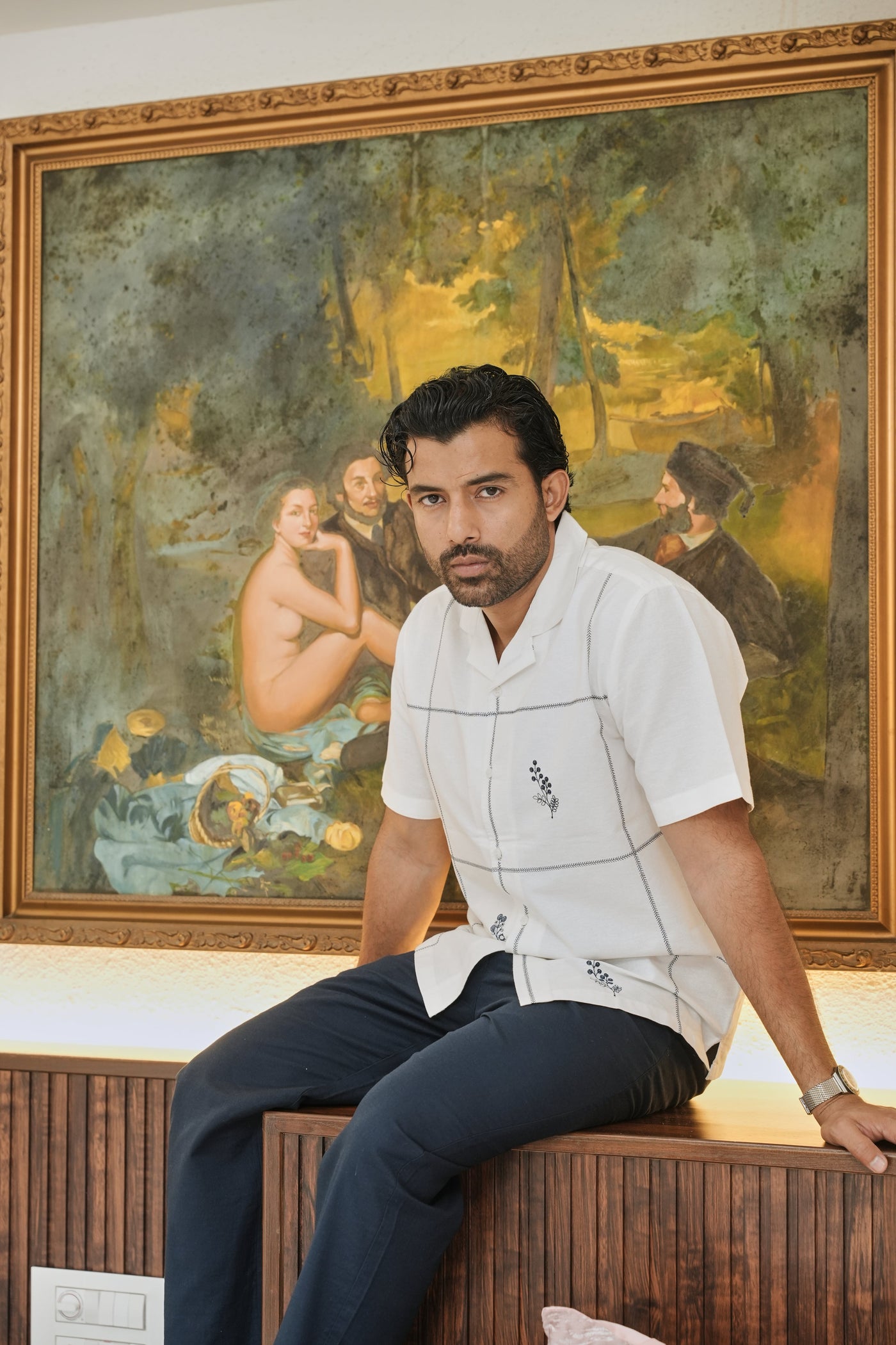 Coastal Grid Embroidered Cuban  White Shirt