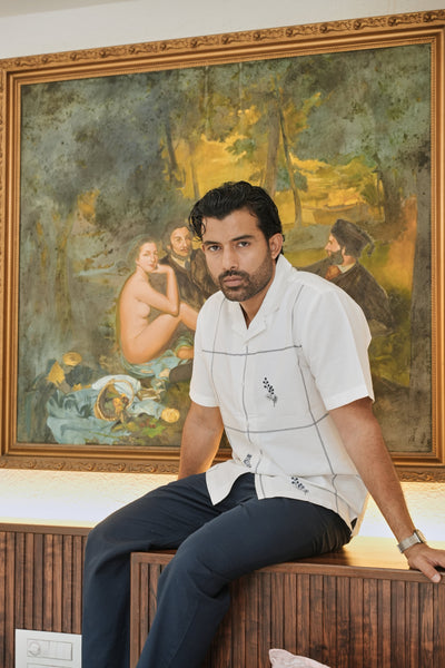 Coastal Grid Embroidered Cuban  White Shirt