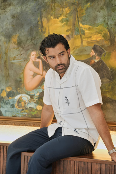 Coastal Grid Embroidered Cuban  White Shirt