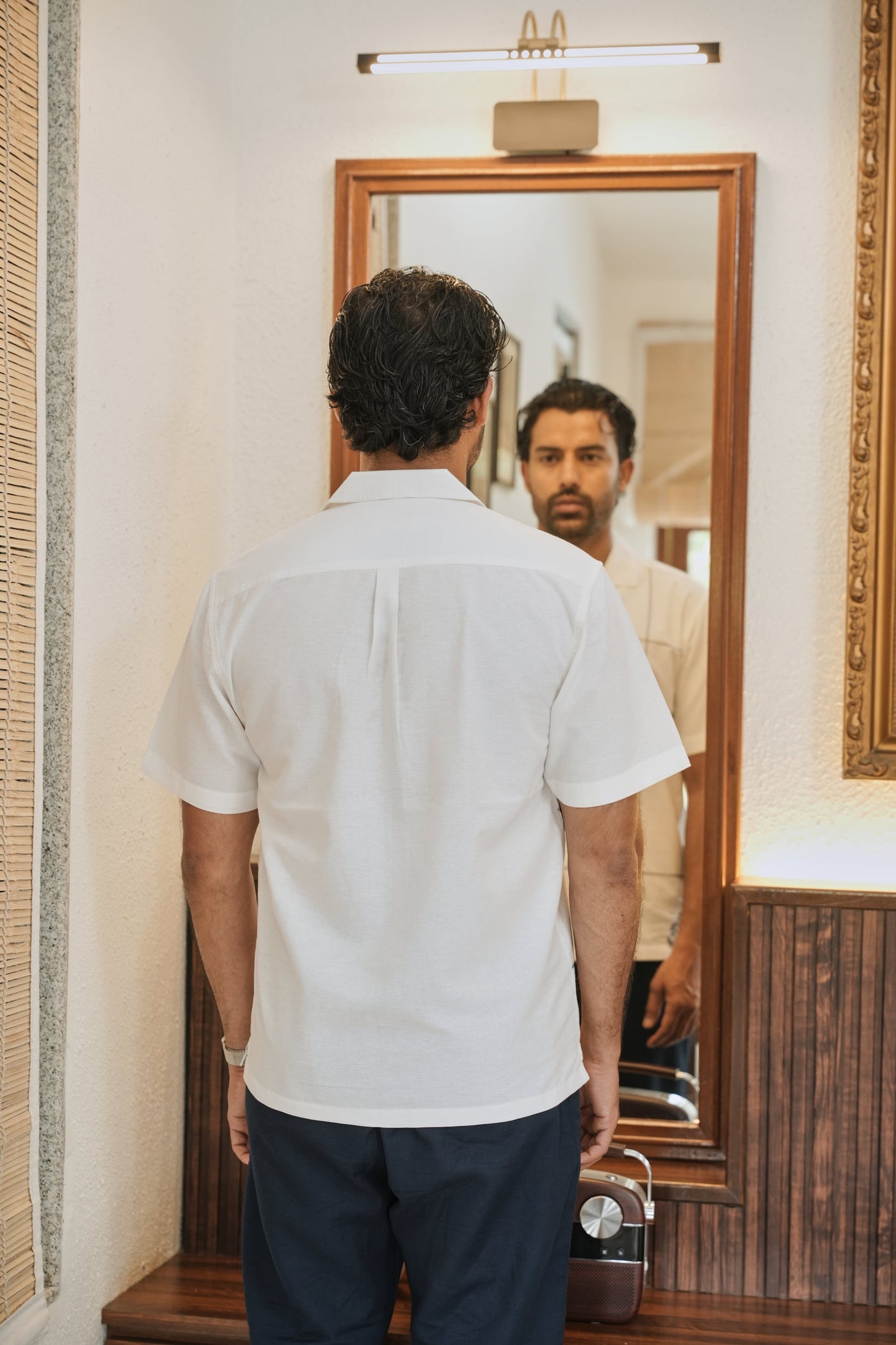 Coastal Grid Embroidered Cuban  White Shirt