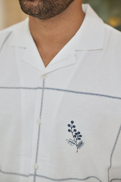 Coastal Grid Embroidered Cuban  White Shirt