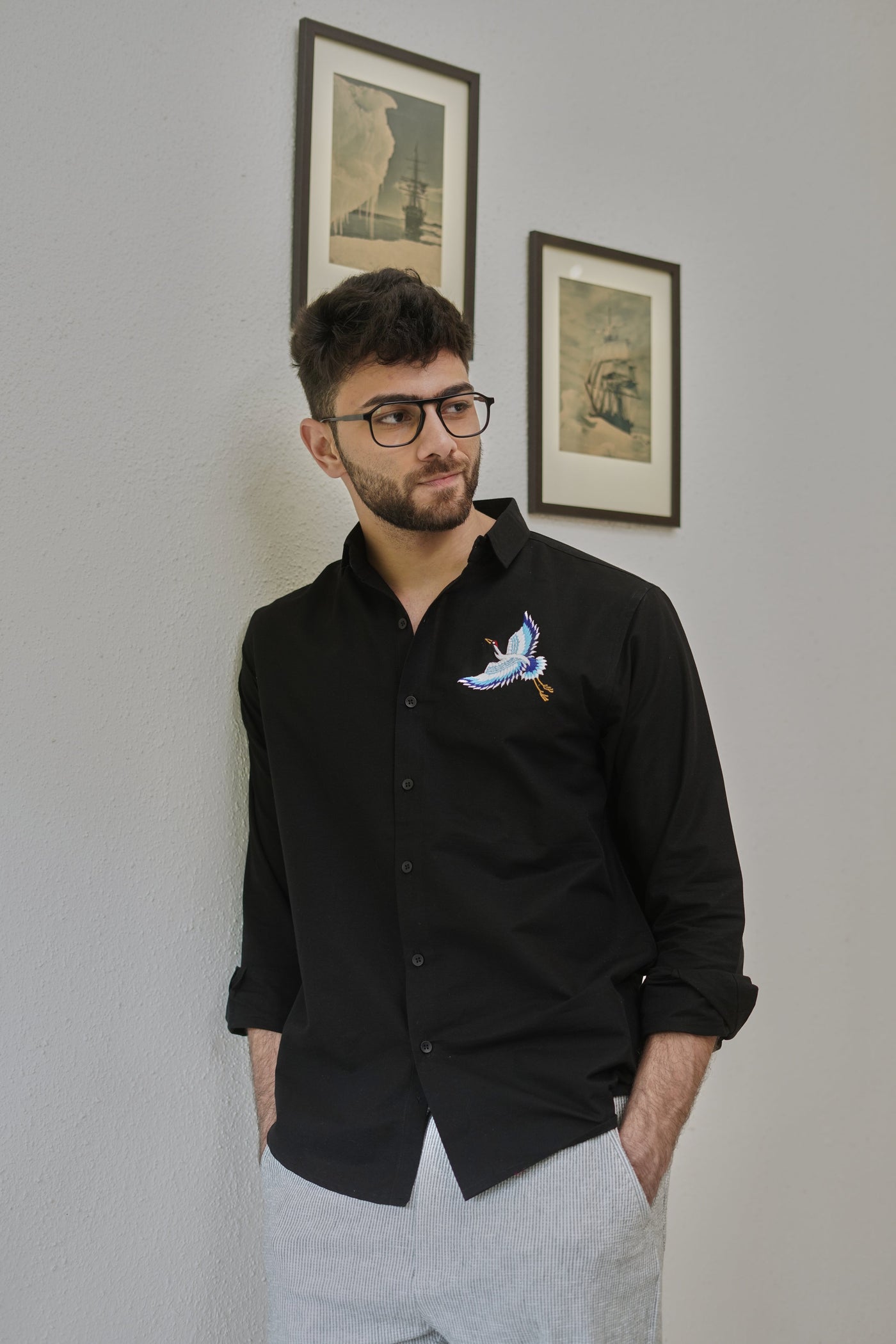 Flight of Heron Black Embroidered Shirt