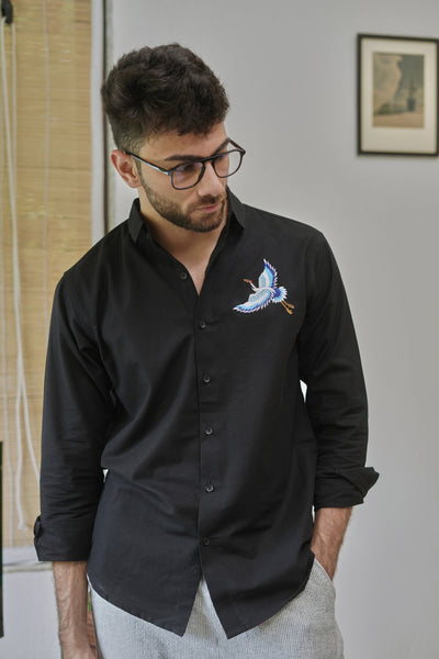 Flight of Heron Black Embroidered Shirt