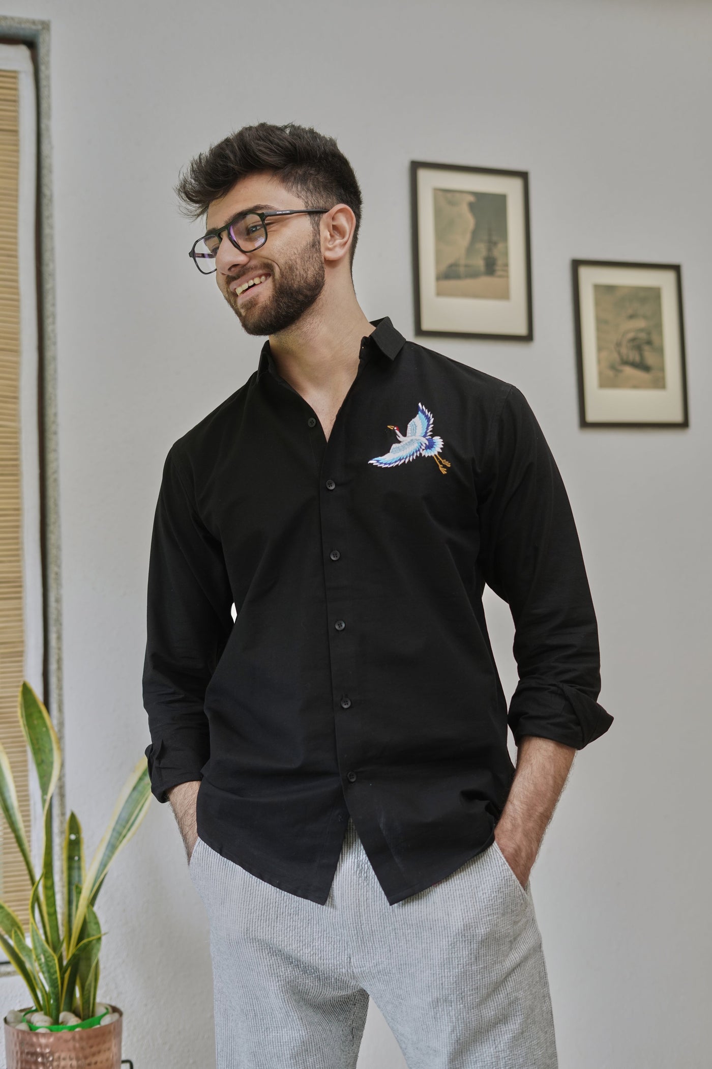 Flight of Heron Black Embroidered Shirt
