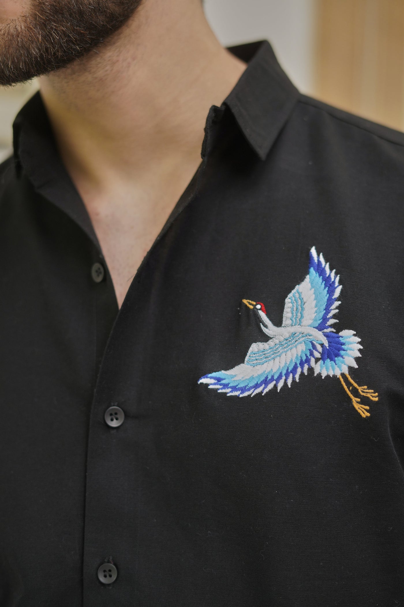 Flight of Heron Black Embroidered Shirt