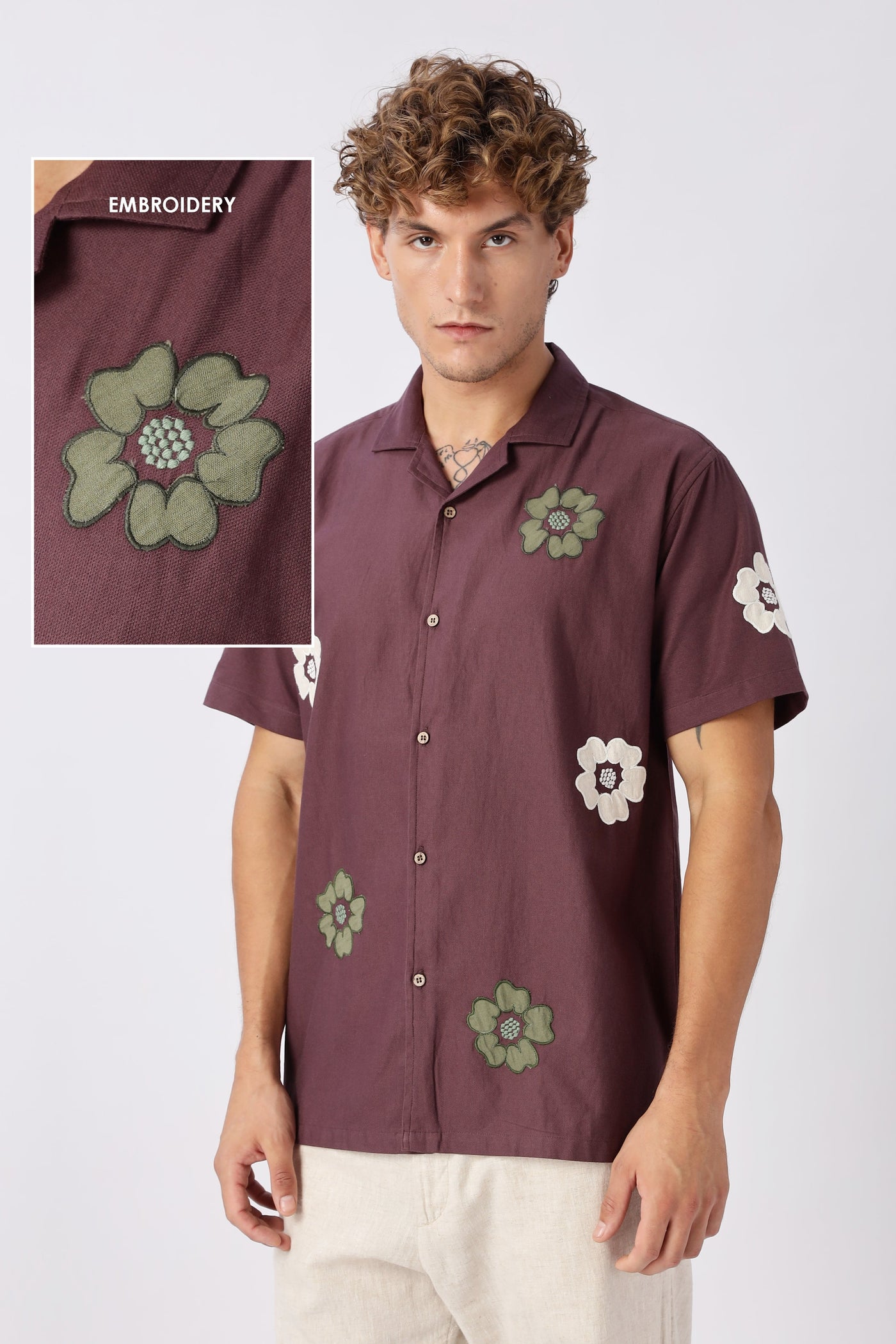 Wine Bloom Embroidered Cuban Collar Shirt