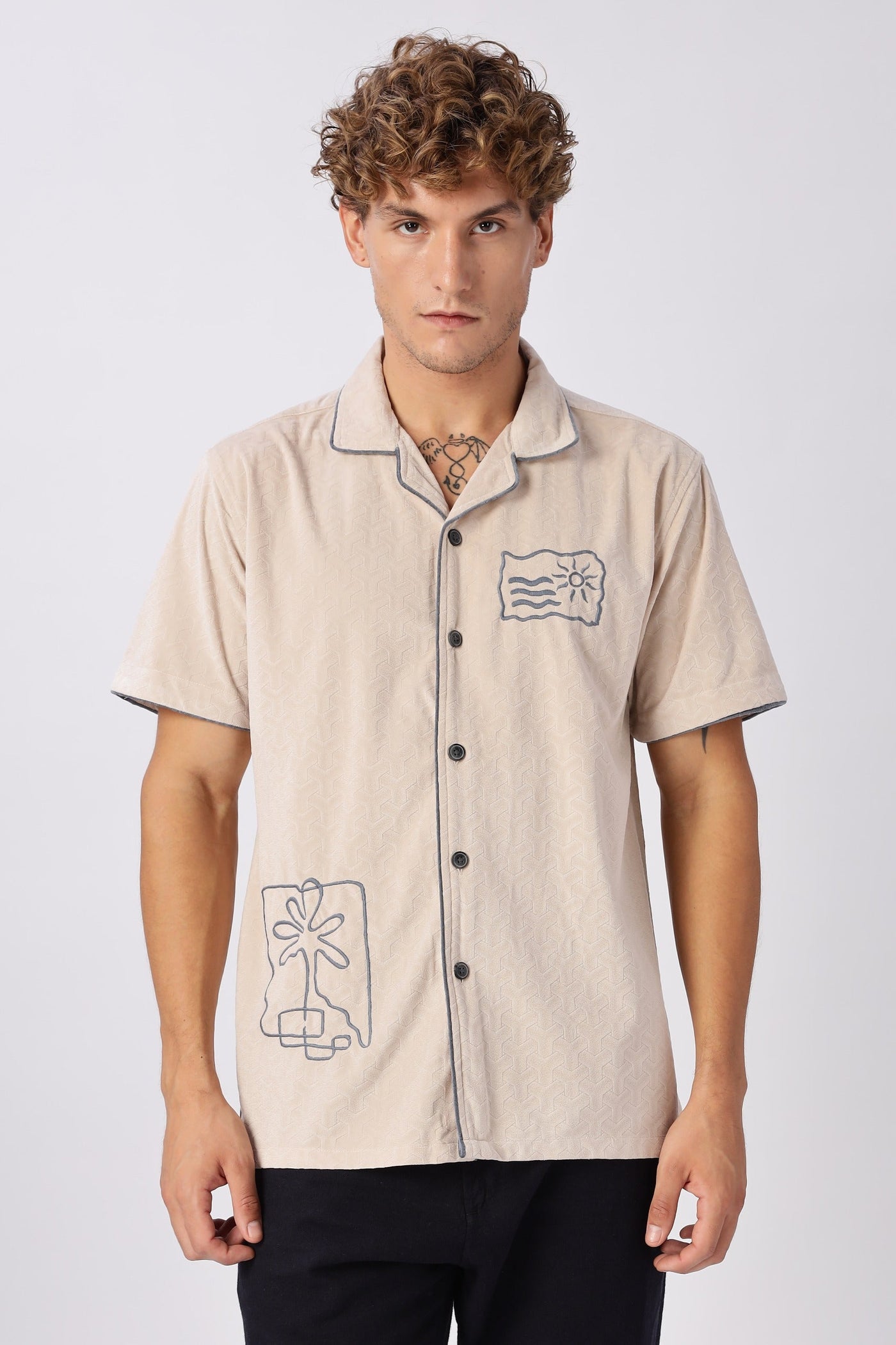 Palm Lines Beige Velour Embroidery Shirt
