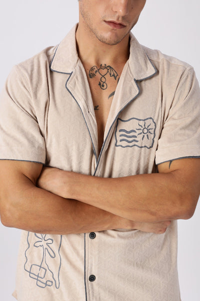 Palm Lines Beige Velour Embroidery Shirt