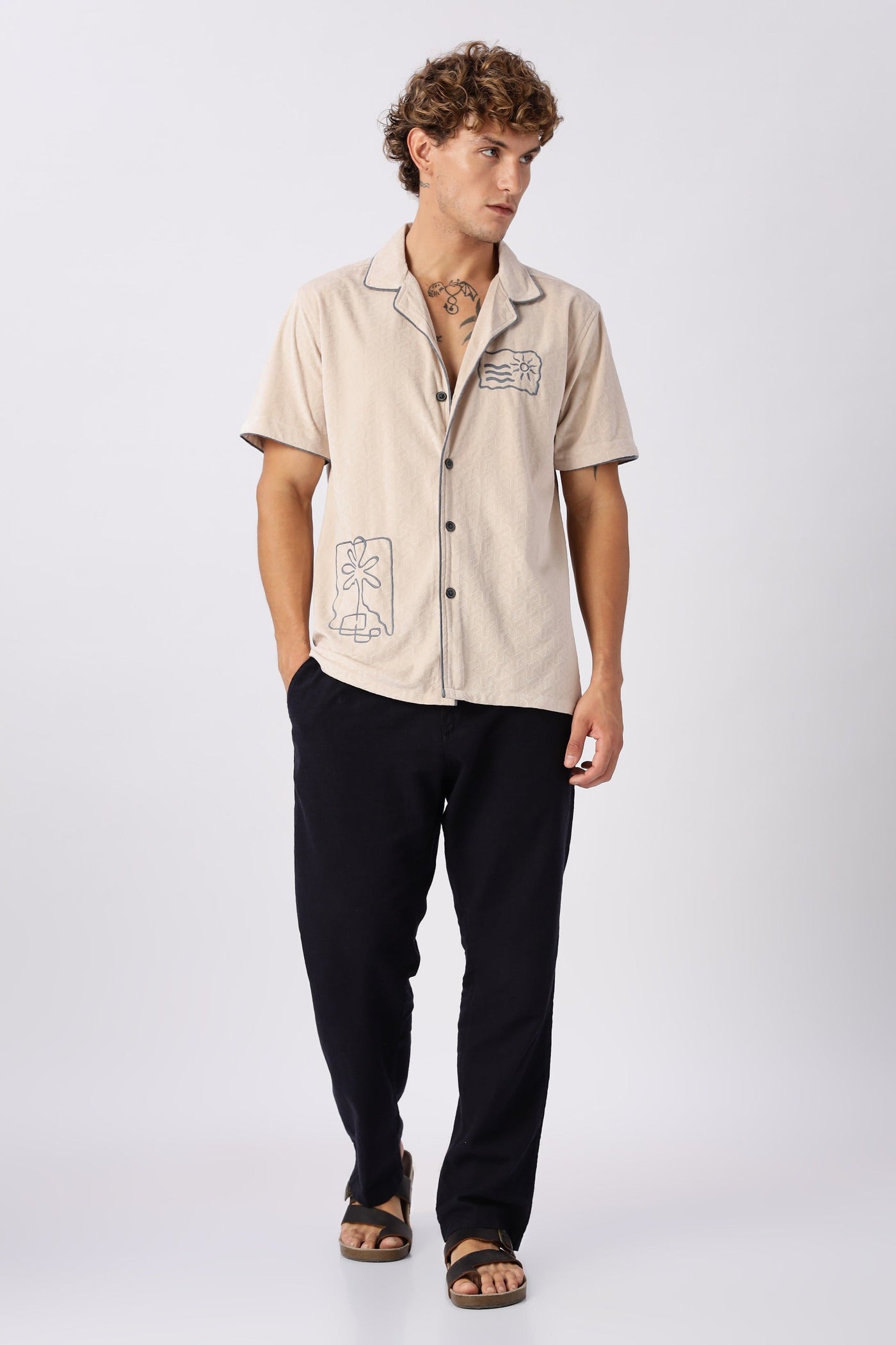 Palm Lines Beige Velour Embroidery Shirt