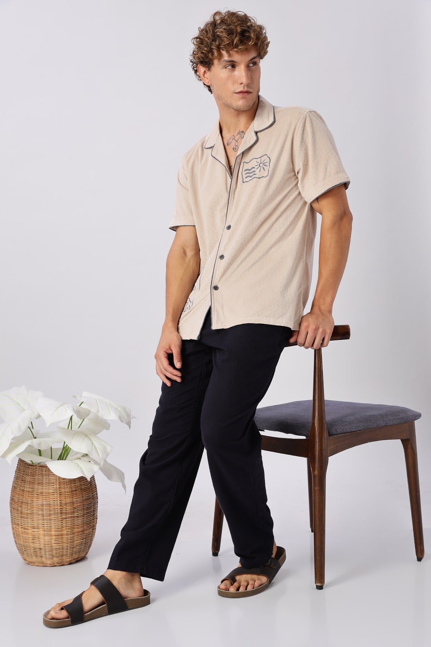 Palm Lines Beige Velour Embroidery Shirt